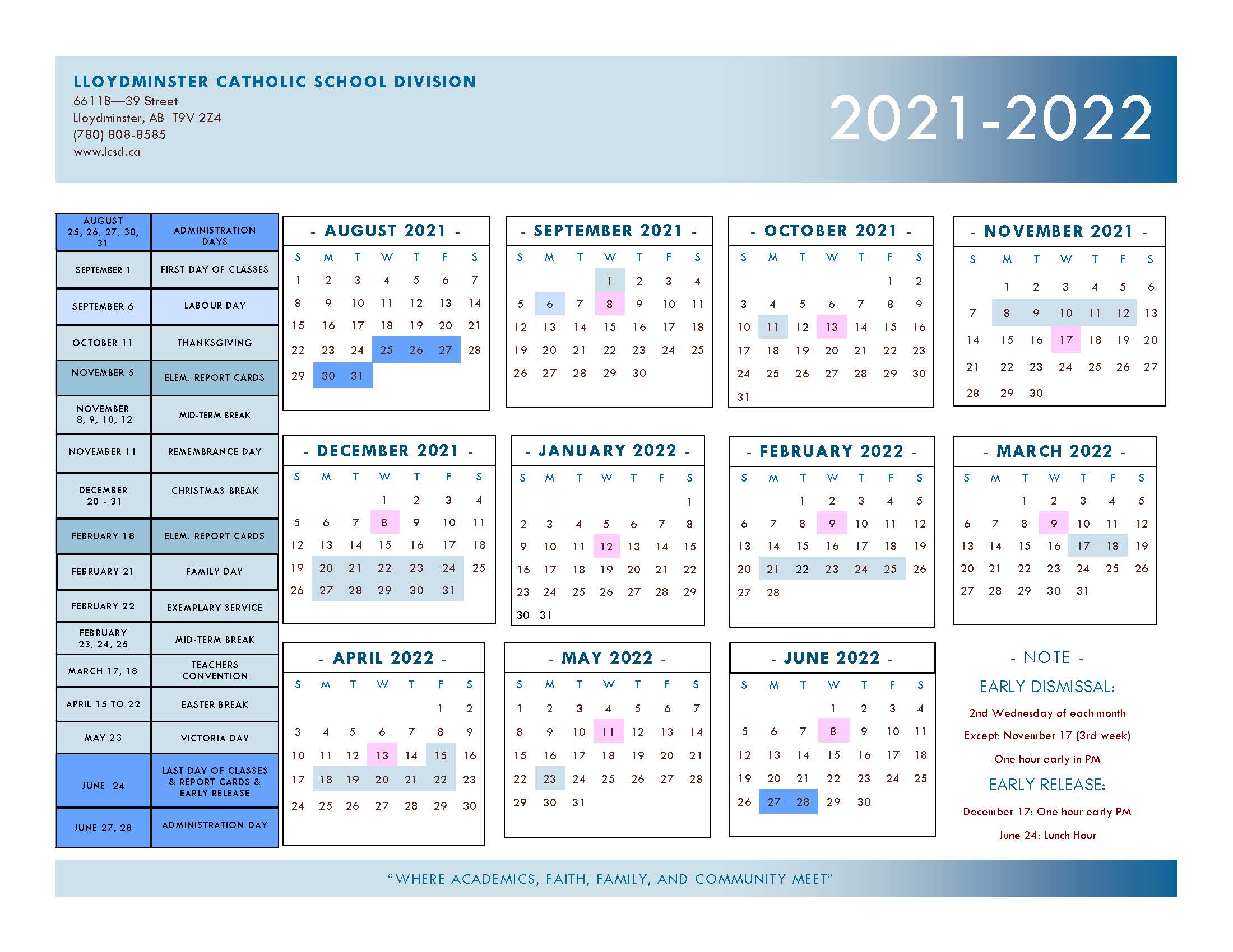 LCSD 2021 2022 School Year Calender approved by Board Jan 27 2020