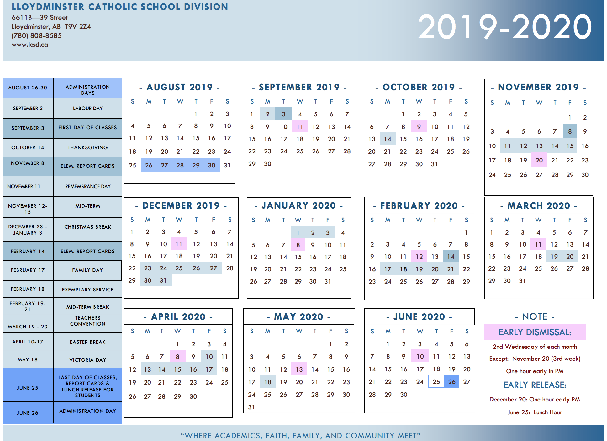 Lloydminster Catholic  School  Division Calendar  2019  and 
